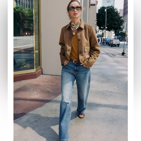 Zara Tan Cropped Suede Jacket - Picture 6 of 9